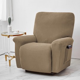 CONRUSER Stretch Recliner Chair Covers, 4-Piece Soft Sofa Cover Thick Single Seat Couch Cover Jacquard Recliner Slipcover with Pocket (Light Brown)