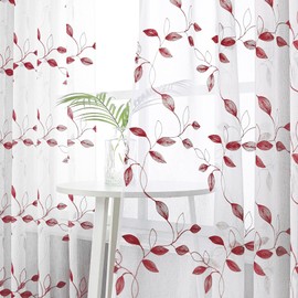 Tollpiz Burgundy Red Leaf Sheer Curtains Leaves Embroidered Living Room Short Curtain Rod Pocket Voile Window Treatments for Bedroom, 54 x 45 inches Long, Set of 2 Panels