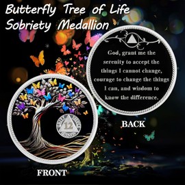 ACGZQY 12 Month Sobriety Chip - Recovery AA Coin and Medallion Butterfly Tree of Life Sobriety Coin AA NA Sober Anniversary Token Sobriety Gifts Alcoholics Anonymous Recovery for Men Women