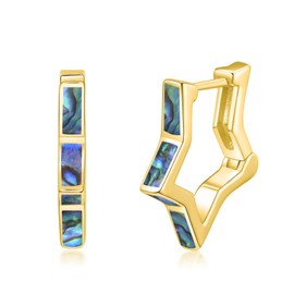 Opal Earrings 925 Sterling Silver Geometric Hexagon/Star/Paper Clip Hoop Earrings White Opal/Abalone Shell Jewellery Gift for Women Girls, Sterling Silver, Abalone