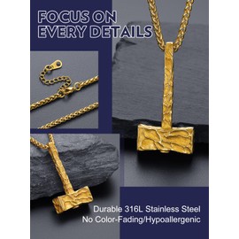 Bandmax Mens Necklace Pendant 14K Gold Plated Necklace Thors Hammer Mjolnir Charm Pendant Chain Nordic Pirate Jewelry for Men Bikers
