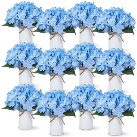 Zeyune 12 Sets Wedding Flower Table Centerpieces Artificial Hydrangeas with Rustic Metal Vase Fake Hydrangea Flowers in Pot Floral Arrangement for Wedding Bridal Tea Party Table Home Decor (Blue)