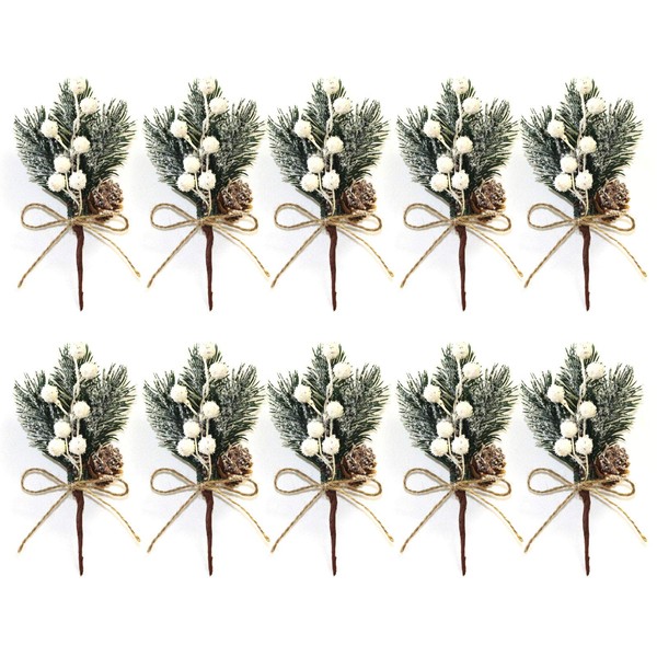 SUREH 10pcs White Christmas Berries Stems 5.9inch Small Artificial Pine Picks and Sprays Xmas Berry Picks with Pine Cones Holly Berry Christmas Flower Ornaments for Xmas Wreaths Home Vase Decor