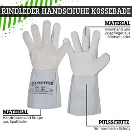 Safetytex Cowhide Leather Gloves KOSSEBADE Welding Gloves Made of Cowhide Leather and Split Leather – Protection Against Heat, Sparks & Mechanical Influences – Sizes: 12, 1 Piece