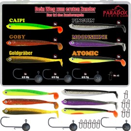 Paradox Fishing Zander Starter Box - 30 Rubber Fish 13 cm + 12 Jig Heads + 10 Snaps - Zander Bait Rubber Fish Set
