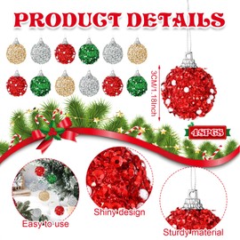 Liliful 48 Pcs 1.18 Inch Mini Christmas Ball Ornaments Christmas Tree Ornament Glitter Sequin Foam Ball Ornaments Xmas Hanging Decoration for New Year Holiday Wedding(Green, Gold, Sliver, Red)