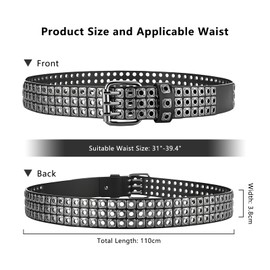 JAMAKALA 3 Row Studded Grommet Belt, Punk Rock PU Leather Belt for Men Women, Black Goth Rivet Belt, Gothic Belt Accessories for Jeans Pants (Black Leather - Black Rivets, Fit Waist Size 25-39.4")