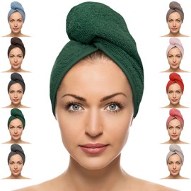 FAB-ON UK Hair Dry Towel 100% Cotton Turban Style Instant Drying Quick Absorbent Lightweight Button & Loop Closure One Size Hair Dry Cap For Curly Long Hair 64x24 CM