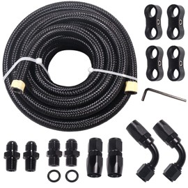 6AN 4L60E 4L65E Nylon Braided Fuel Line Hose Fitting Kit with 6AN 90 degree & Straight Hose Ends,CPE 15FT Black,1/4"NPSM X 6AN Transmission Radiator Fittings Transmission Cooler hose Line Kit-Steel