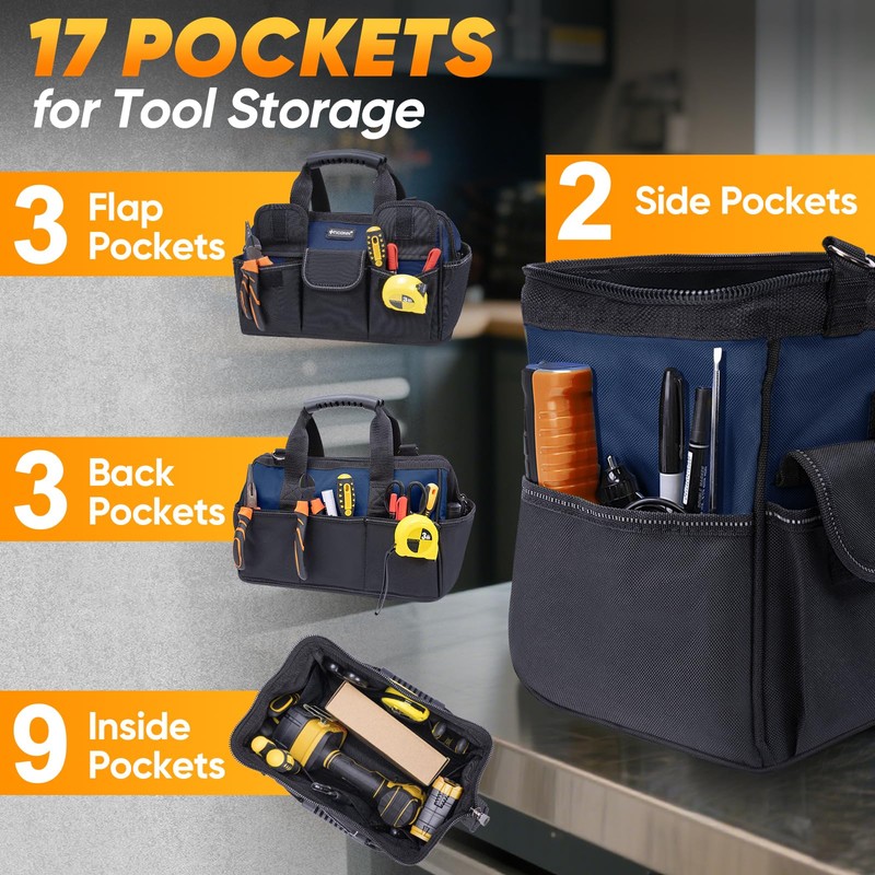 TICONN Heavy Duty Tool Bag with Multi-Pockets, Portable Tool Box