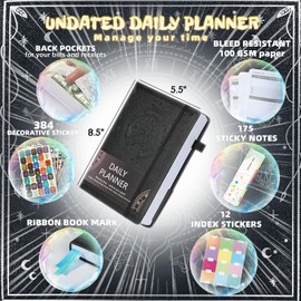Leather Daily Planner 2023-2024 Deluxe Undated Weekly & Monthly Life Planner to Hit Your Goals & Live Happier. Organizer Notebook & Productivity Journal. A5 Hardcover, Undated – Start Any Time + Stickers(Black)
