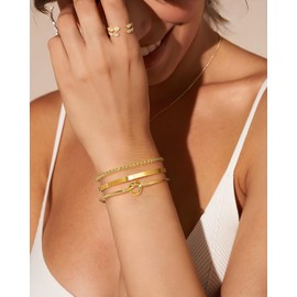 Gold Bangle Bracelets for Women 14K Plated Gold Bracelet Stack Gold Cuff Bracelet Set Dainty Tennis Beaded Cuban Figaro Link Chain Knot Bracelet Twisted Jewelry Sets for Womens Trendy Gifts