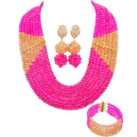 aczuv 8 Lines Statement Strand Necklaces Nigerian Wedding African Beads Jewelry Set Crystal Bridal Jewelry Sets (Fuchsia Pink Champagne Gold AB)