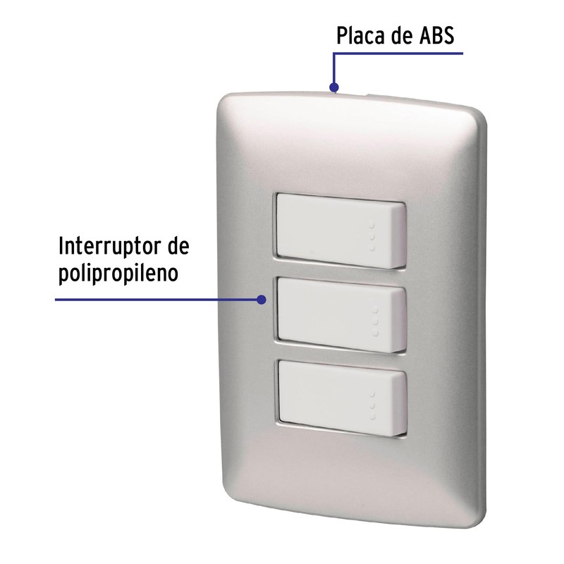 Volteck PA-APTR-IP, Placa armada 3 interruptores sencillos color plata línea