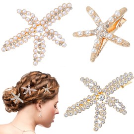 Ouligay 3 Stück Seestern Haarspangen Mädchen Strass Perlen Strand Seestern Haarspange Sommer Glitzernde Krokodilklemme Haarspangen Hochzeit Braut Haarschmuck Starfish Hair Clips für Frauen Damen
