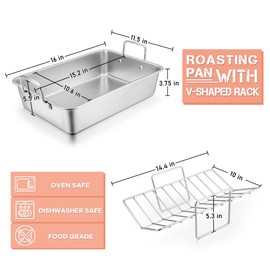 Leonyo Large Turkey Roasting Pan with V-shaped Rack, Rectangular 16 x 11.5 Inch Stainless Steel Turkey Roaster Pan with Rack Heavy Duty for Chicken Lasagna Vegetables Brownie, Dishwasher Safe, 2Pcs