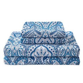 Blue Paisley Printed Bed Sheets Full Size, Floral Sheet Set Full, Brushed Microfiber Fitted Sheet with 15" Deep Pocket, Flower Double Sheet & Pillowcase Sets