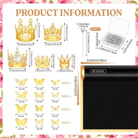 Qeeenar Flower Wrapping Paper Bouquet with 40 Sheets Flower Bouquet Wrapping Paper 5 Pcs Crowns for Flower Arrangements 48 Pcs Gold Butterflies and 100 Flower Pins for Florist Wrap (Black)