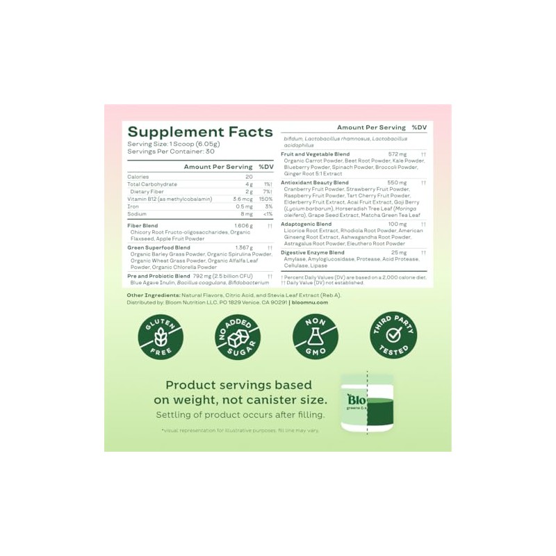 Bloom Jugo Verde en Polvo Sabor Fresa-Kiwi 181 Gramos 30