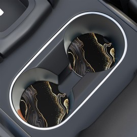 Car Cup Holder Coaster, Car Coasters for Cup holder, 2 Pack Anti Slip Insert Absorbent Ceramic Car Coaster with A Finger Notch & Cork Base, Cute Car Interior Accessories for Women(Luxury Black Marble)