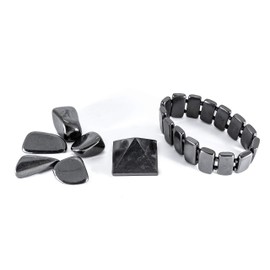 KASHU Shungite Gemstone Set 3 cm Polished Pyramid 5 x Tumbled Stones 2-4 cm Dark Moon Bracelet, Shungite