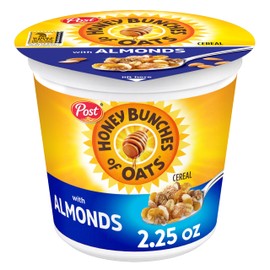 Post Honey Bunches of Oats with Almonds Breakfast Cereal, Honey Cereal with Granola Clusters and Sliced Almonds, Small Cereal Cup Size for Easy On-The-Go Breakfast, 2.25 OZ Cereal Cup