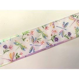 Decorative Ribbon Multicolor Dragonflies and FLowers Ribbon, 2 1/2" Wide, Wired Edge, 3 YARDS