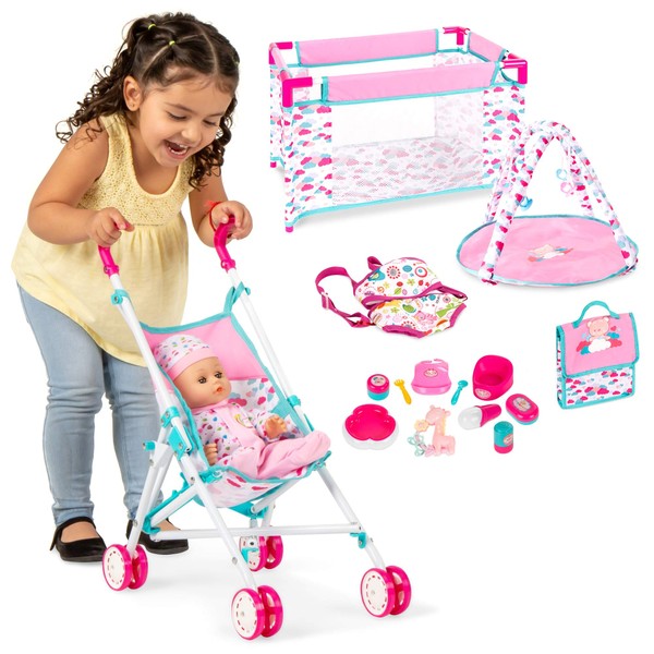 Best Choice Products Kids 15-Piece 13.5in Newborn Baby Doll Nursery Role Play Playset w/ Stroller, Travel Cot, Play Mat, Travel Bag, Carrier, Seat, Accessories