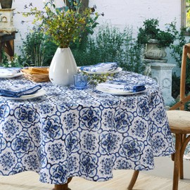 Newbridge 60 x 84 Inch Oval Fabric Tablecloth, Blue Amani Tile Print, Indoor Outdoor Soil Resistant Water Repellant Fabric Table Cover for Party and Dining, Delft Blue Medallion