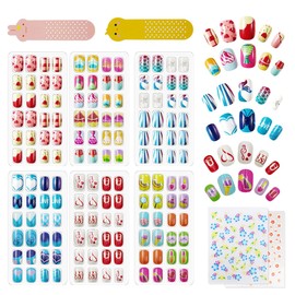 144Pcs 6 Pack Press on Nails for Kids Children Acrylic Fake Nails Pre-glue Full Cover Glitter Gradient Color Heart Shaped Fruit Short False Nail Art Kits Sets Valentines Day Gifts for Kids Girls