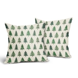 Christmas Tree Pillow Covers 18x18 Inch Set of 2 Green Cream Winter Farmhouse Forest Xmas Block Print Decorative Throw Pillowcases Outdoor Seasonal Holiday Cushion Cases Decor for Sofa Couch Bed