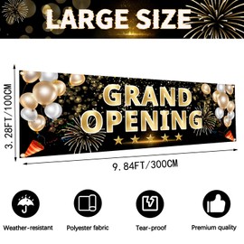 3x10 ft Grand Opening Banner with Ribbon – Elegant Grand Opening Sign for Business, Shop, Restaurant – Durable Polyester Backdrop with Metal Grommets for Indoor/Outdoor Use (Black & Gold)