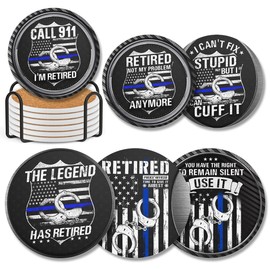MYMISOR Pack 6 Coasters Police Officer Ceramic Coaster with Cork Base Cold Drinks Retirement Gifts for Men Car Cup Holders Coffee Table Desk Decorations Housewarming Accessories
