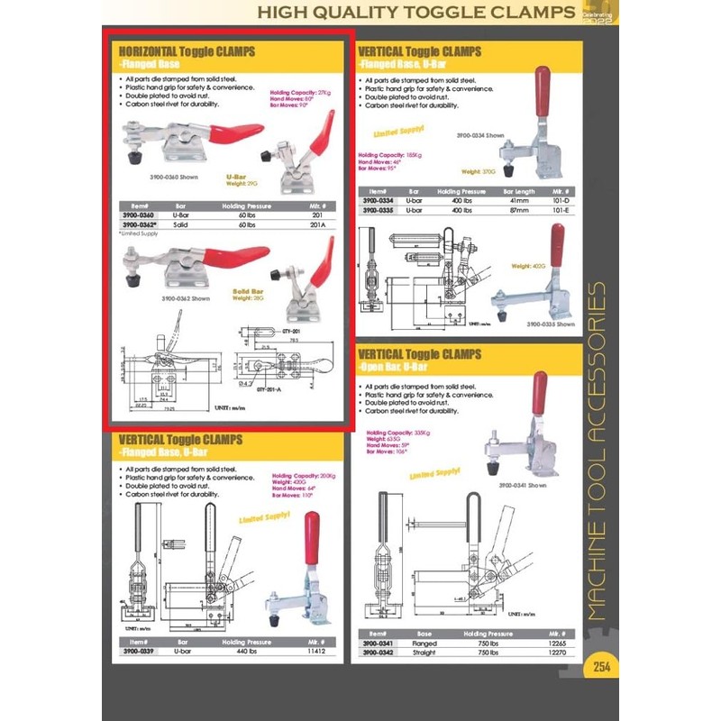 HHIP 3900-0360 Horizontal Hold-Down U-Bar Toggle Locking Clamp with 60