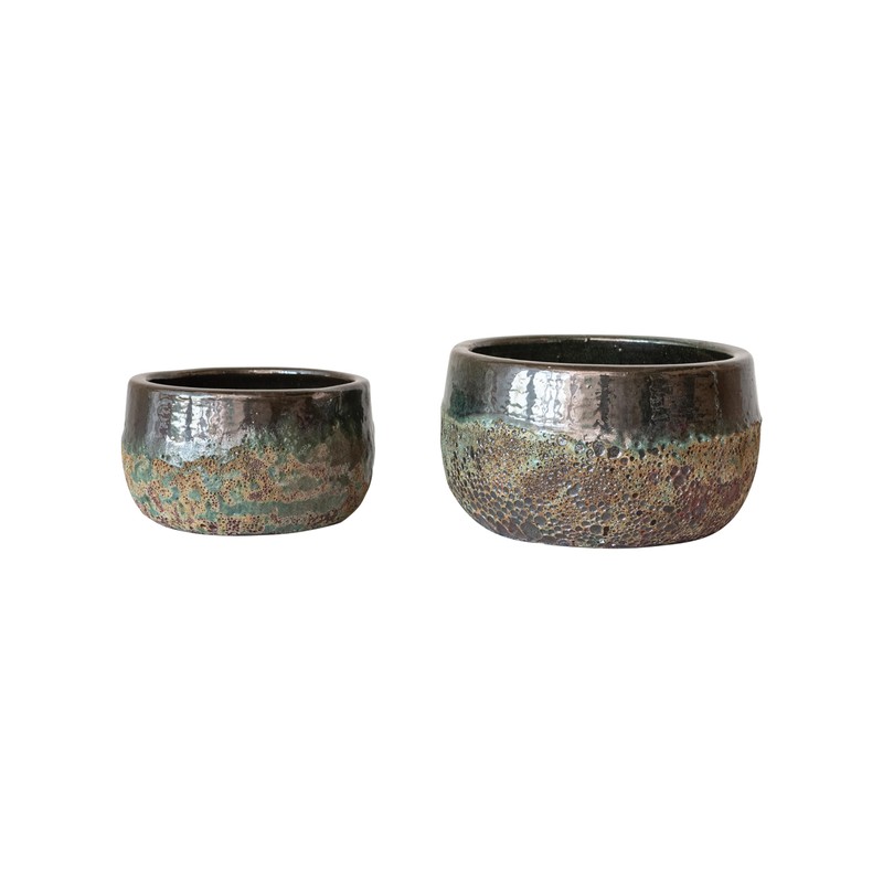 Creative Co-Op Textured Terra-Cotta Planters, Set of 2, Blue and