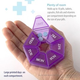 Pastillero portátil de 7 lados para planificador de medicamentos (contenedor de viaje semanal de siete días) para medicamentos, vitaminas, organizador, dispensador de pastillas, organizador y recipientes de recordatorio