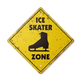 Ice Skater Vintage Crossing Sign Zone Xing | Indoor/Outdoor Plastic | 14" Tall Rustic Rink Boots Figure Skating Skater