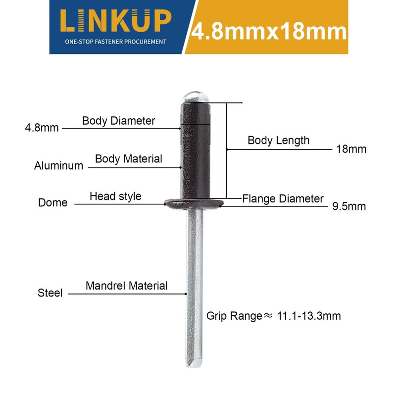Linkup 120pcs pack 4.8mm x 18mm Black pop blind Rivets,