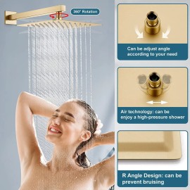 BWE Brushed Gold Shower Faucet System 12" Rain Combo Head Set 2 Function Mixer Valve