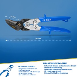 S&R Tin Snips Ideal-Series 260 mm, Strong and Agile, for Metal Sheets Cutting, Left Cut, Industrial Quality