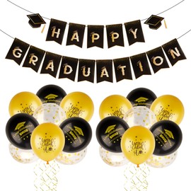 Happy Graduation Banner with Confetti Balloons Graduation Bunting Congrats Grad Class Photo Props Black and Gold Backdrop for Graduation Party Decoration