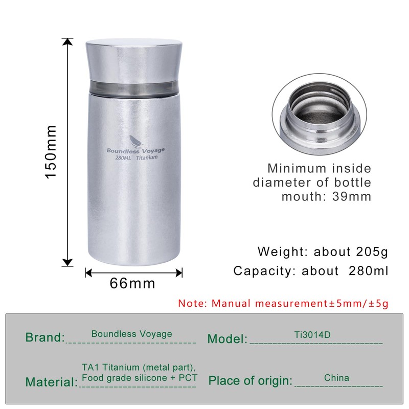 Boundless Voyage 280ml Titanium Vacuum Flask Insulated Bottle Portable Slim