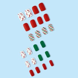 Christmas Press on Nails Short Square Fake Nails with Red White Green Stripes Design Xmas Candy Glue on Nails Full Cover False Nails Press ons Acrylic Matte Stick on Nails for Women 24 Pcs