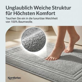 Komforttec 2-Piece Bath Mat Set, Terry Cloth Shower Mat, Washable Shower Mat & Bath Mat, 600 g/m² & 100% Cotton, Absorbent & Quick-Drying, 50 x 70 cm, Silver Grey