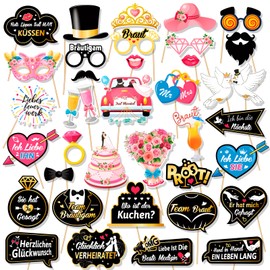 DPKOW 36pcs German Wedding Photo Props for Wedding Photo Accessories, Funny Photo Box for Wedding Decoration Guest Gifts, Wedding Party Photo Booth Props