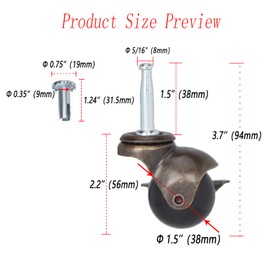 1.5" Ball Casters Stem Caster Wheels with 5/16" x 1-1/2" (8 x 38mm) Stem Antique Gold Ball Caster Swivel Caster for Furniture Casters Sofa Chair Cabinet Set of 4 (with Brakes)