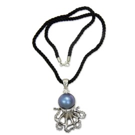 NOVICA Artisan Crafted Sterling Silver Cultured Freshwater Pearl Pendant Necklace | Silk Cord Dyed Blue Birthstone | Animal Themed | Lobster Clasp | Indonesia 'Blue Octopus' 2.3" L x 1.4" W x 0.5" D