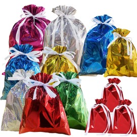 12 Pack Solid Color Foil Gift Bag Multipack Drawstring Gift Bags,6 Color Shimmer Wrapping Bags,Jumbo Xmas Bag,Reusable Large Christmas Foil Bags Gift Wrapping Bag for Presents Birthday Wedding Party