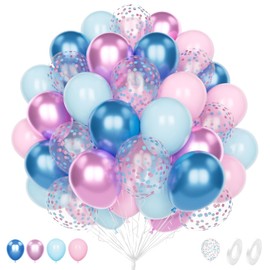 Pastel Pink Blue Balloons, 60 Pcs 12 Inch Macaron Pink Baby Blue Latex Metallic Balloons Set with Confetti Balloons for Gender Reveal Baby Bridal Shower Birthday Wedding Engagement Party Decorations