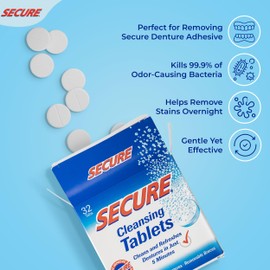 Secure Anti-Plaque Cleansing Tablets pH Formula Removes Odors, Stains, Bacteria, Germs - Deeply Clean Dentures, Partials, Nightguards, Retainers in 5 Minutes - 96 Tablets (3 Pack)